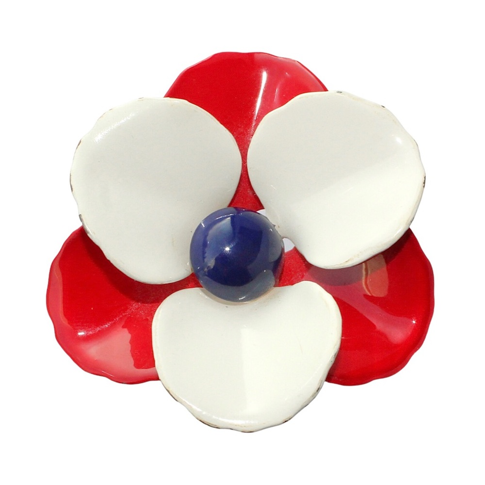 Vintage Patriotic Flower Brooch Red White Blue Enamel Large Floral Retro 1960s